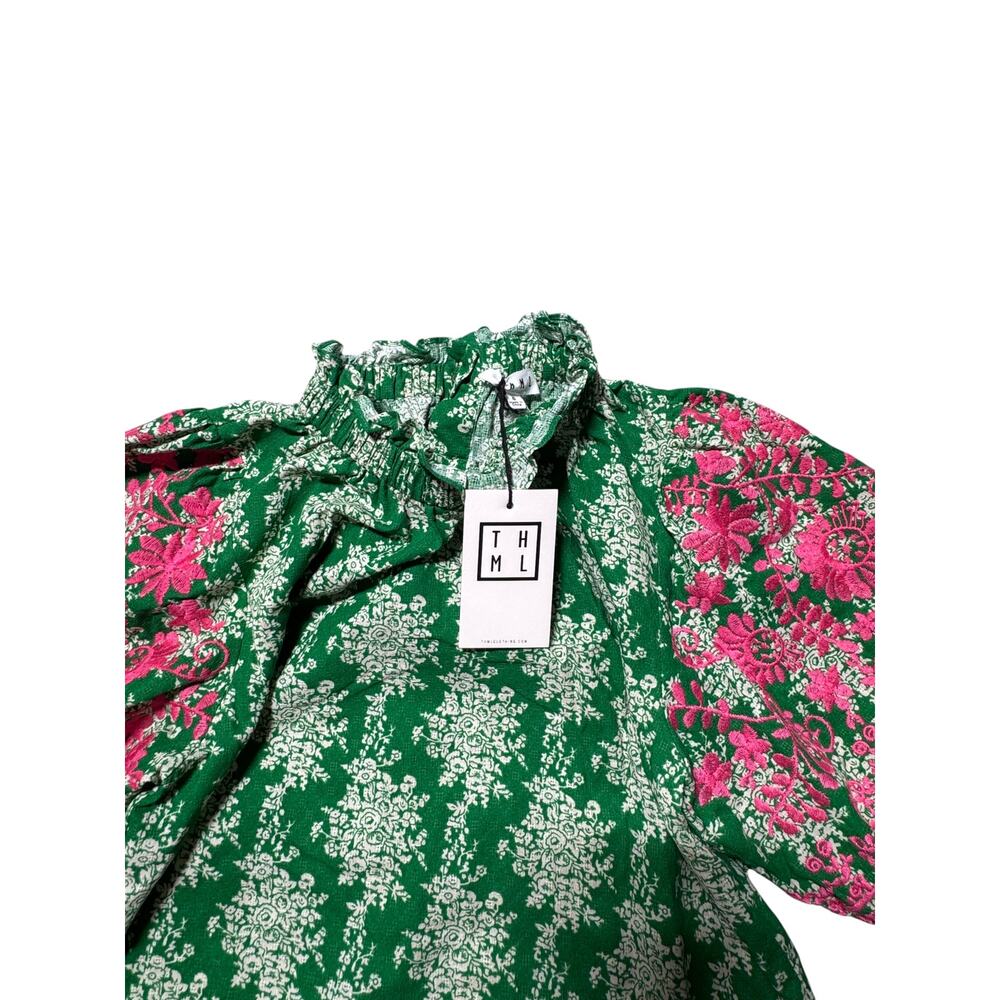 NWT THML Blouse Womens S Green Pink Embroidered Floral Puff Sleeve Button Back - Picture 12 of 16